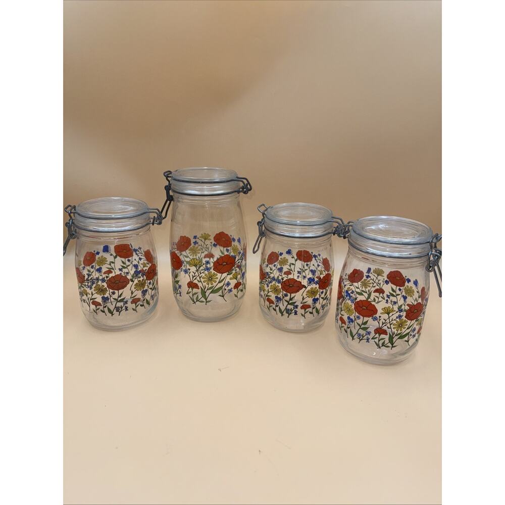 Set of 3 Vintage Arc France Canisters Glass Jars Poppy Flower R. Carman EUC